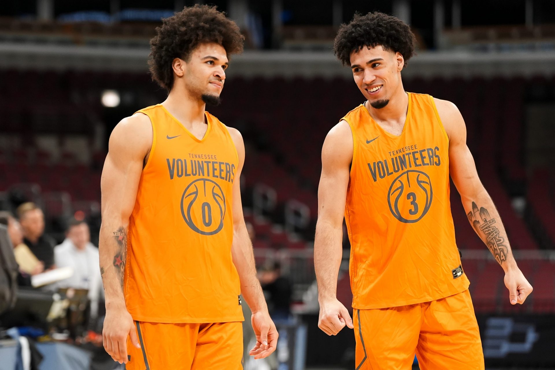Tennessee guard Ja'Kobi Gillespie (0) and Tennessee guard Bishop Boswell (3) during a practice ahead of the team's NCAA Tournament Sweet 16 game against Iowa State
Source: Imagn