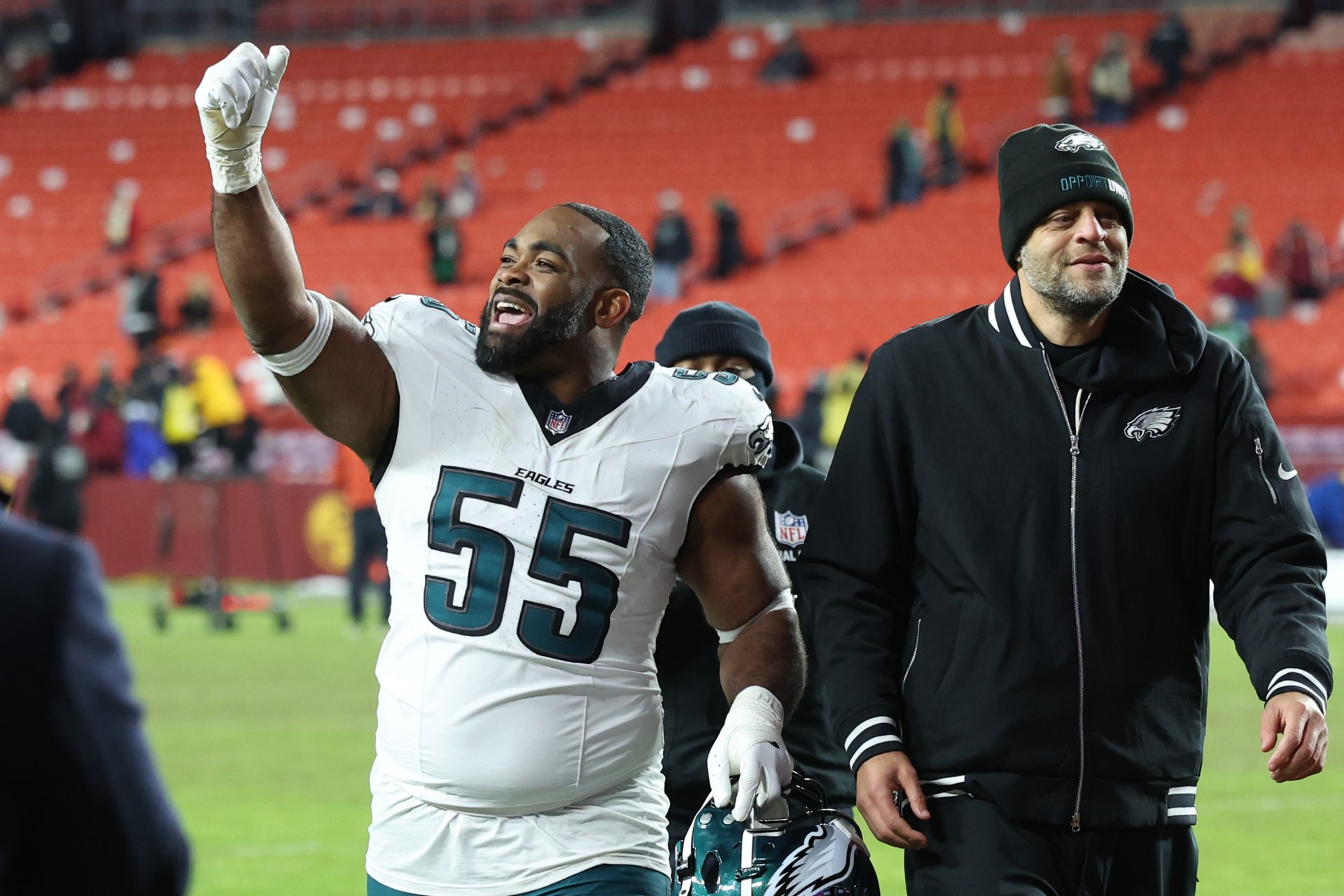 Philadelphia Eagles defensive end Brandon Graham (55) celebrates after defeating the Washington Commanders at Northwest Stadium. Credit: Imagn Images