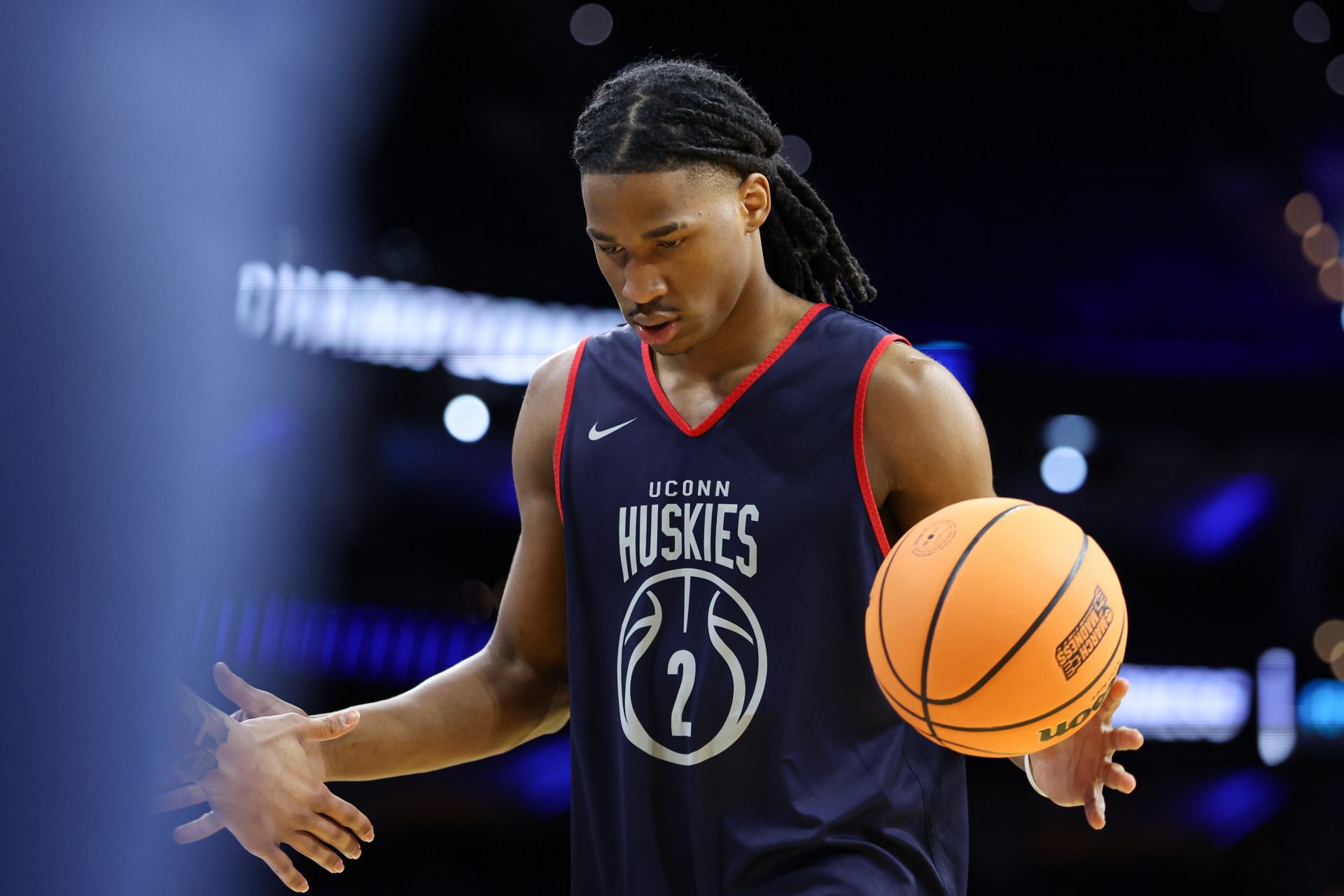 UConn Huskies guard Silas Demary Jr. (2) during a practice session ahead of the first round of the men's 2026 NCAA Tournament at Xfinity Mobile Arena. Source: Bill Streicher-Imagn Images