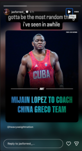 Jax Forrest reacts to Mijain Lopez's China move (Image via Instagram/@jaxforrest_).