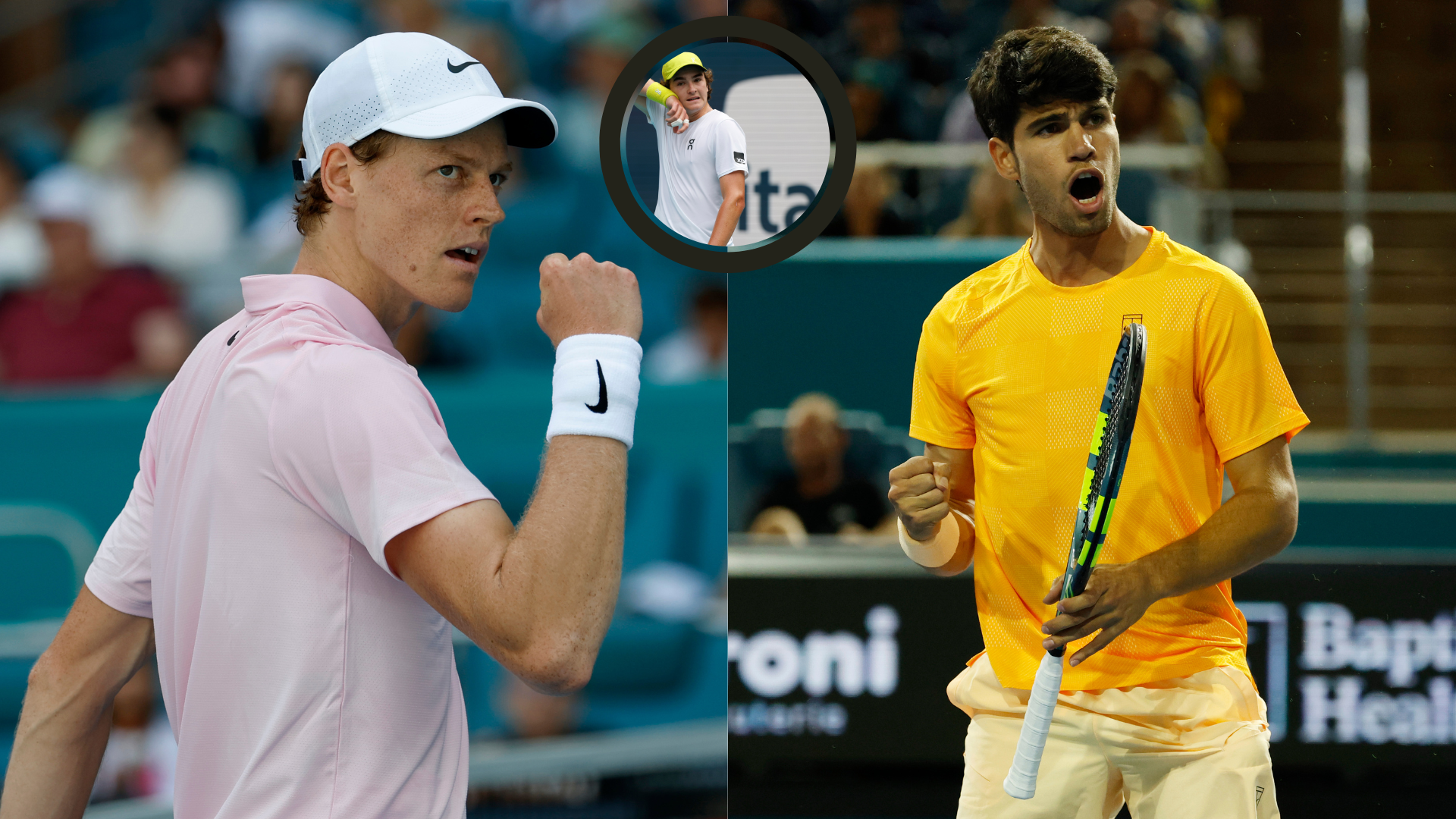Jannik Sinner (L), Carlos Alcaraz, and Joao Fonseca (inset) - Miami Open | Source: Imagn
