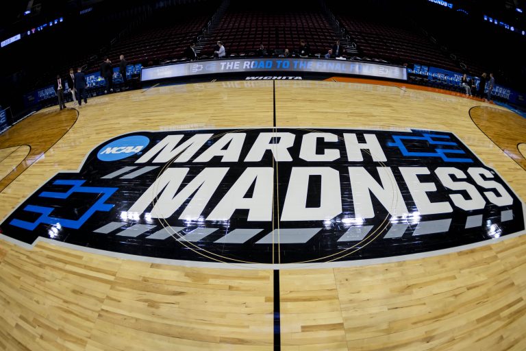 A general view of a March Madness logo at center court before the game between the Texas Tech Red Raiders and the Drake Bulldogs at Intrust Bank Arena. Source: Imagn