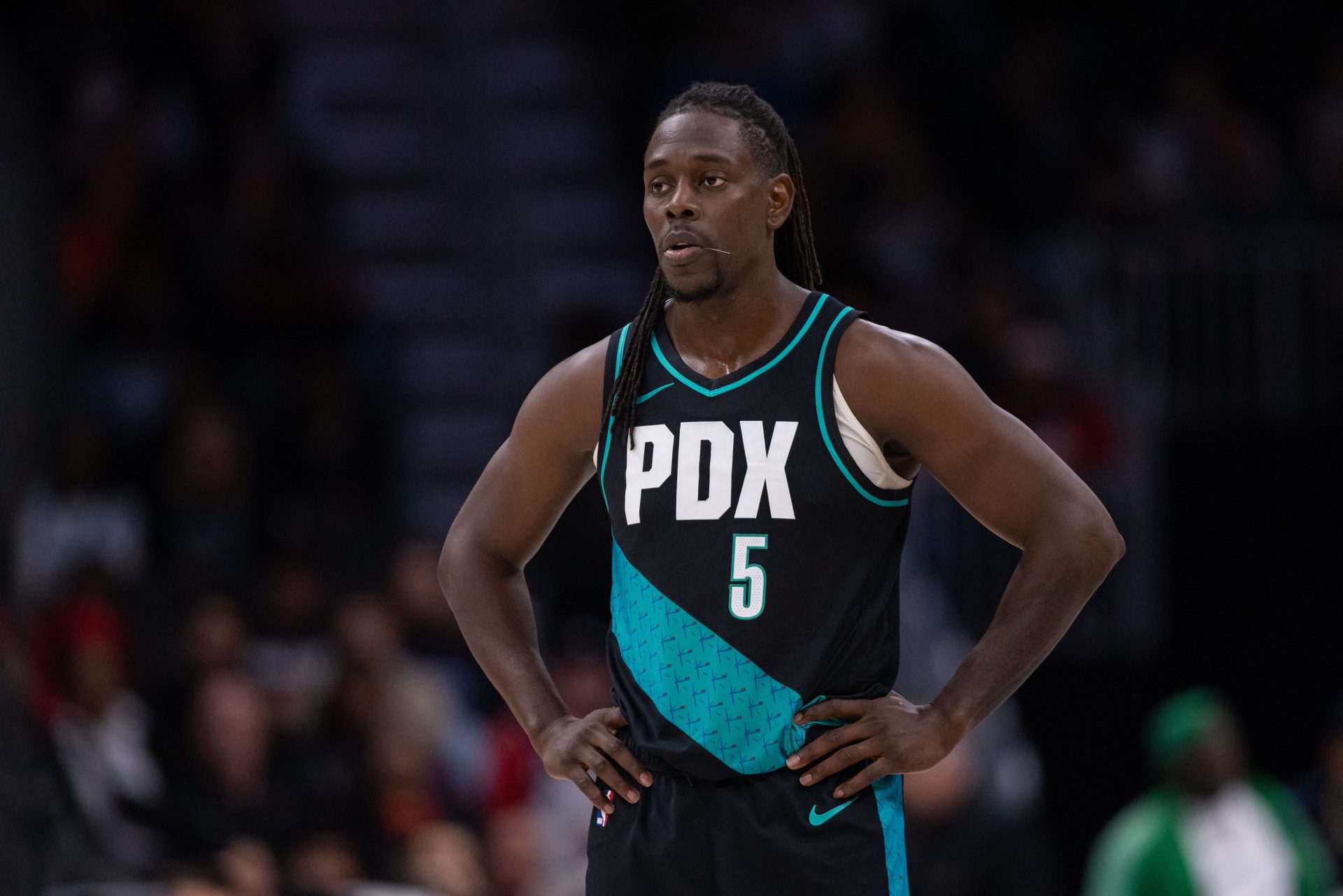 Portland Trail Blazers guard Jrue Holiday (5) looks on during the second half against the Charlotte Hornets at Spectrum Center - Source: Imagn Images