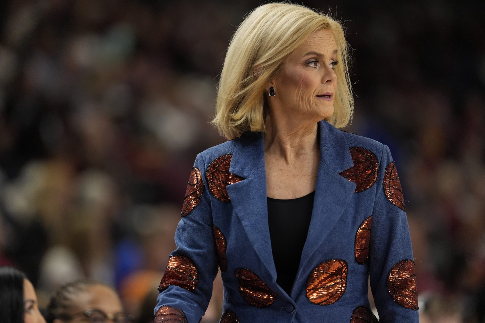 Louisiana State Tigers head coach Kim Mulkey during the first half against the Oklahoma Sooners at Bon Secours Wellness Arena - Source: Imagn