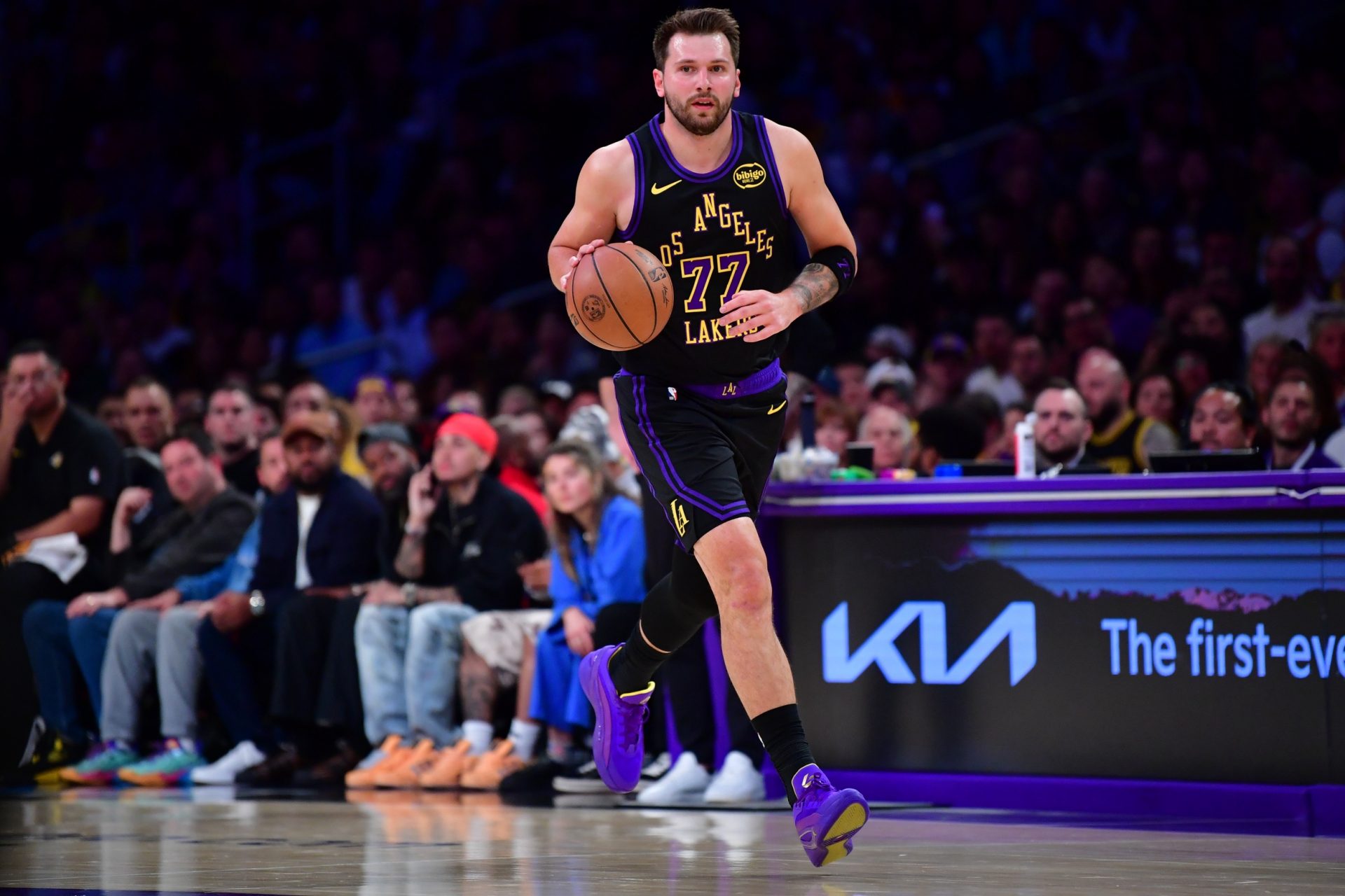 Los Angeles Lakers guard Luka Doncic (77) moves the ball up court against the Minnesota Timberwolves during the first half at Crypto.com Arena - Source: Imagn Images