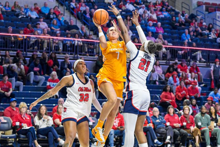 Tennessee's Lauren Hurst (7) scores between Ole Miss forward Cotie McMahon (32) and Ole Miss guard Debreasha Powe (21) in a NCAA women’s college basketball game at the Sandy and John Black Pavilion at Ole Miss
Source: Imagn