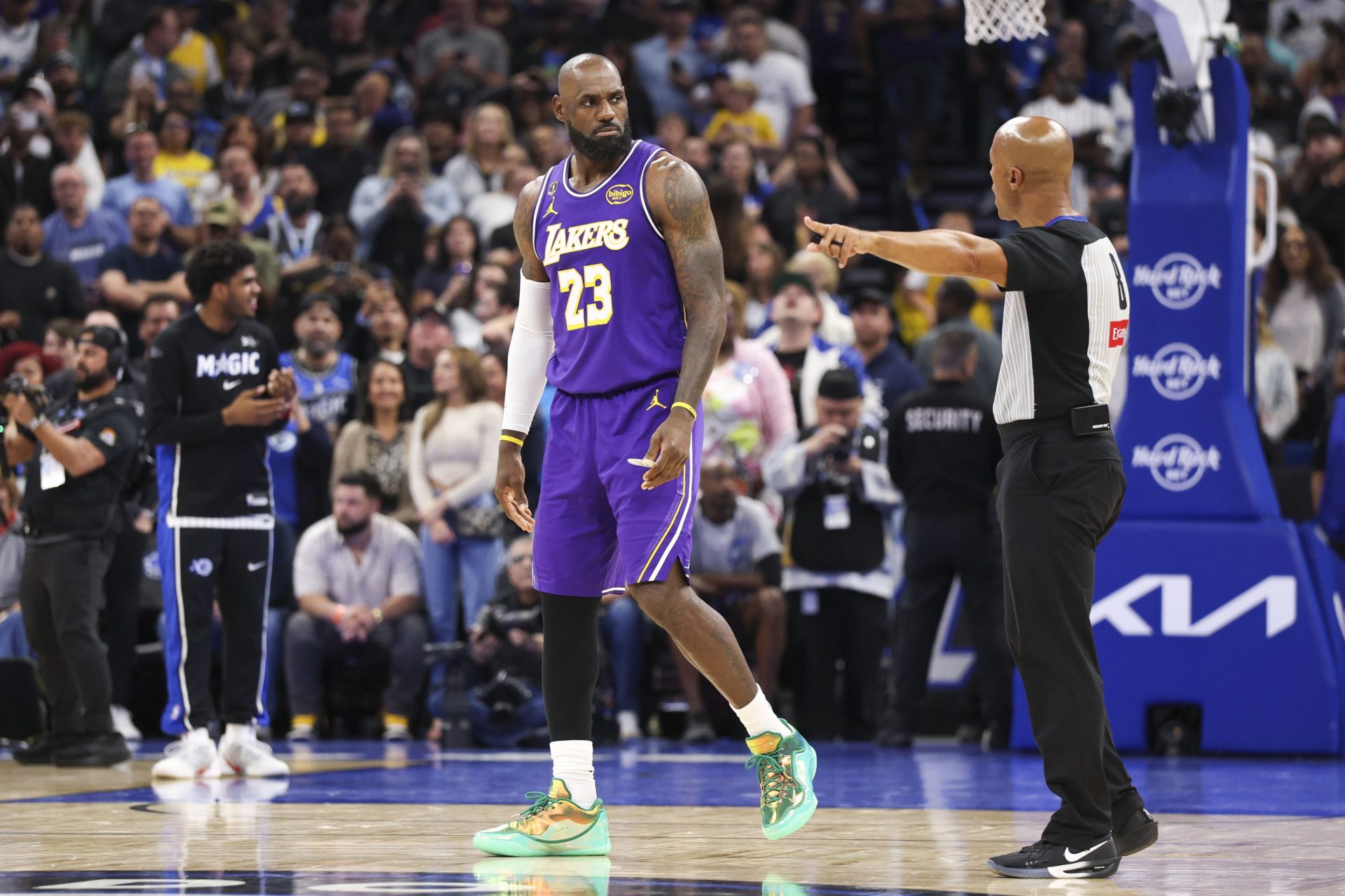 Los Angeles Lakers forward LeBron James (23) reacts to a call by referee Marc Davis (8) in the fourth quarter at Kia Center - Source: Imagn Images