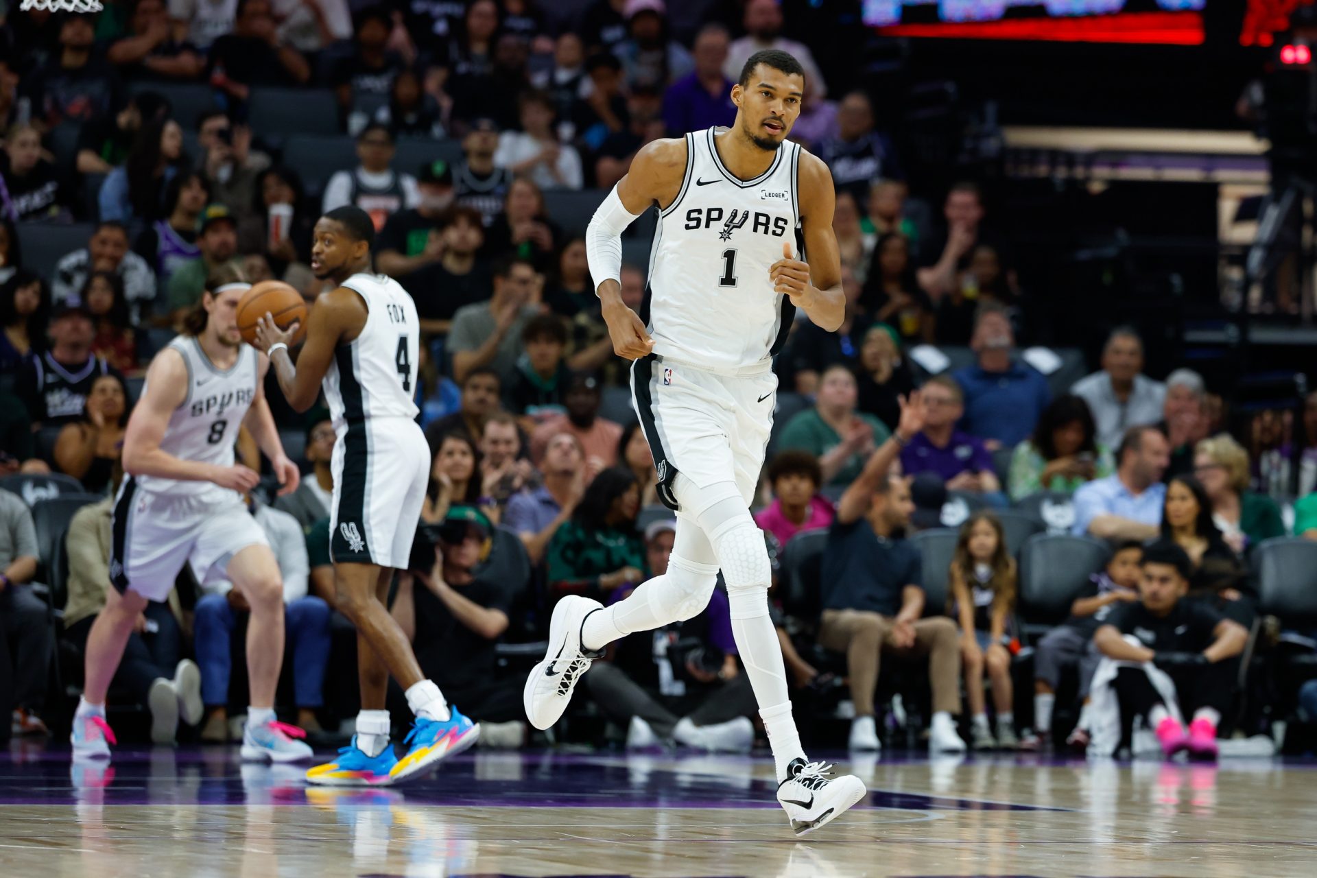 San Antonio Spurs forward Victor Wembanyama (1) runs up the court during the second quarter against the Sacramento Kings at Golden 1 Center - Source: Imagn Images