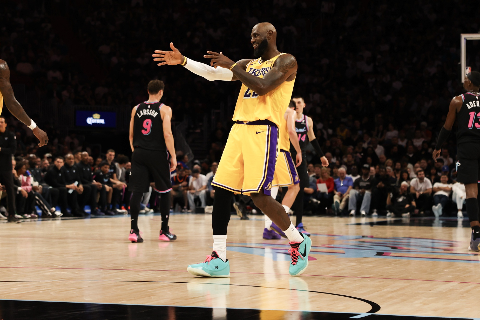 Los Angeles Lakers forward LeBron James (23) reacts against the Miami Heat during the second half at Kaseya Center - Source: Imagn Images