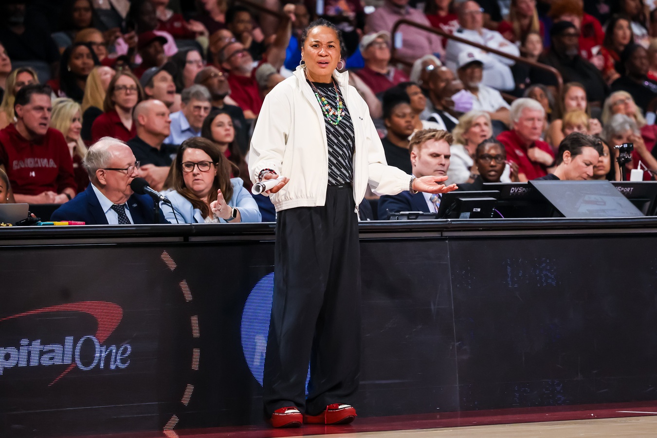South Carolina Gamecocks head coach Dawn Staley disputes a call against the USC Trojans in the second half at Colonial Life Arena. Source: Imagn