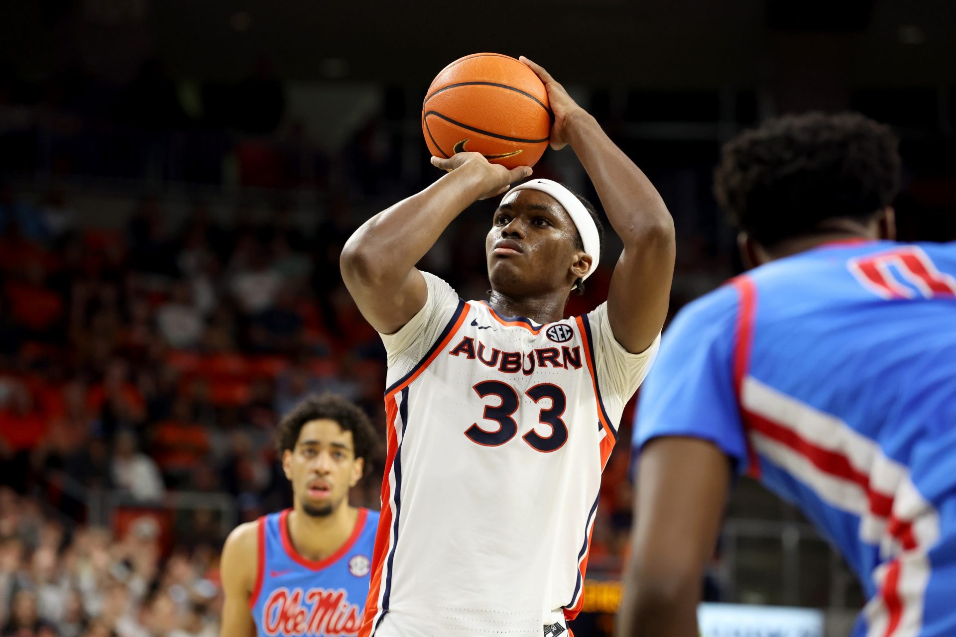 Auburn Tigers forward Sebastian Williams-Adams (33) attempts a free throw during the second half against the Mississippi Rebels at Neville Arena.