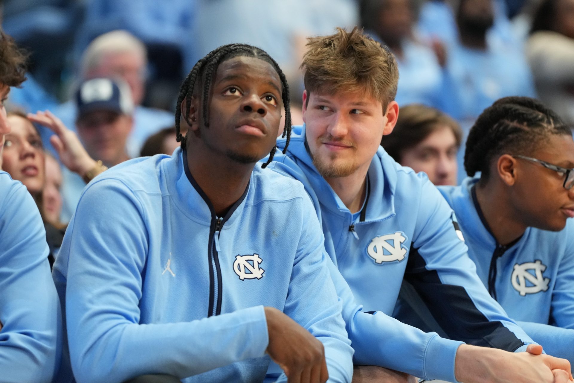 North Carolina Tar Heels forward Caleb Wilson (8) and center Henri Veesaar (13) on the bench in the second half at Dean E. Smith Center - Source: Imagn
