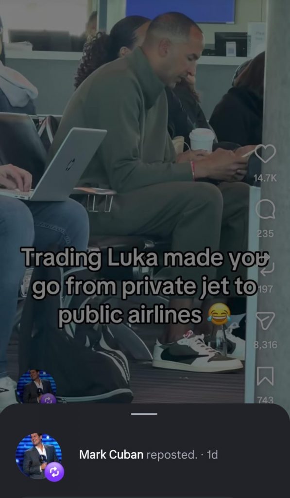 Mark Cuban reshares an Instagram post, trolling Nico Harrison