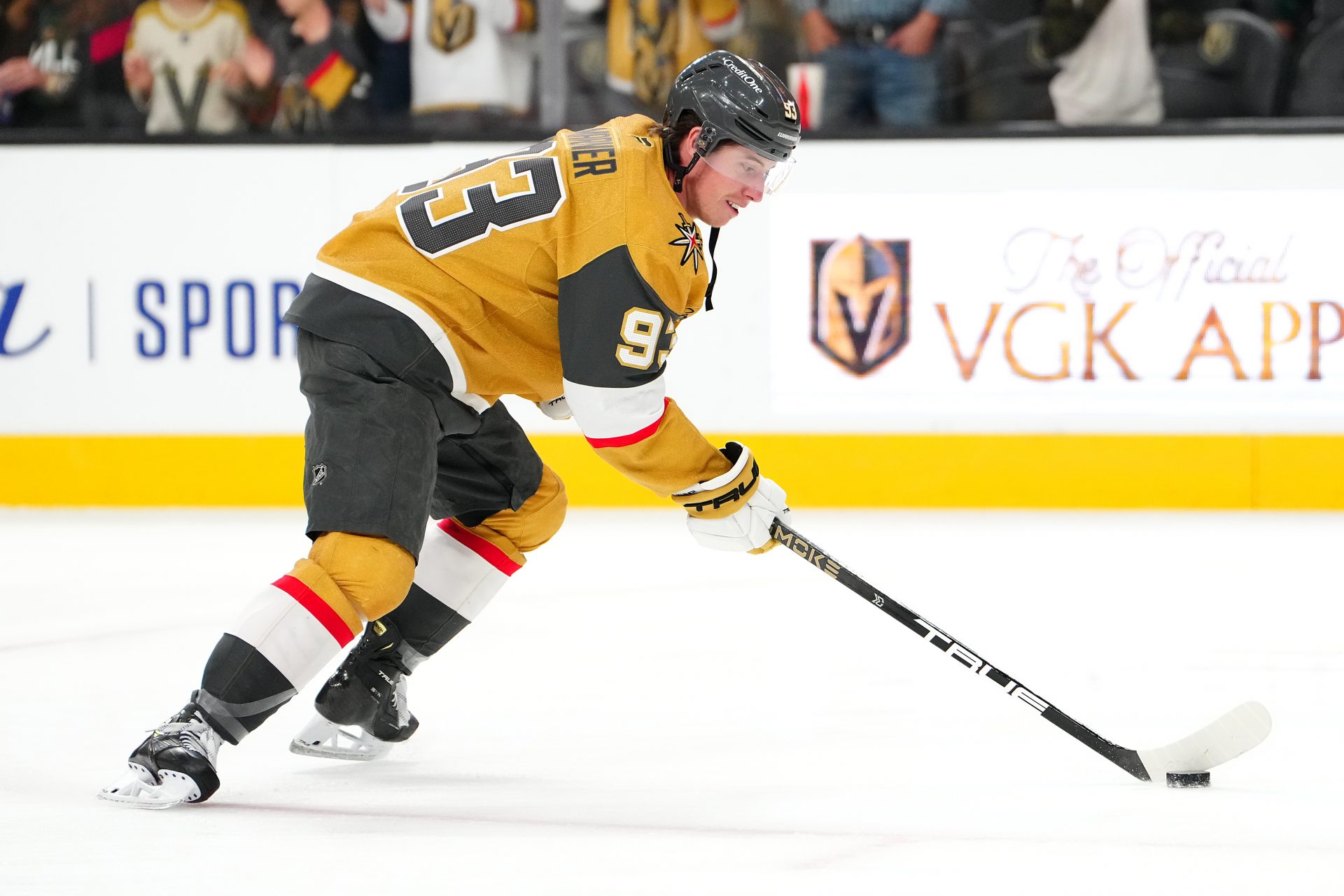 Vegas Golden Knights right wing Mitch Marner (93) warms up before a game against the Minnesota Wild at T-Mobile Arena.