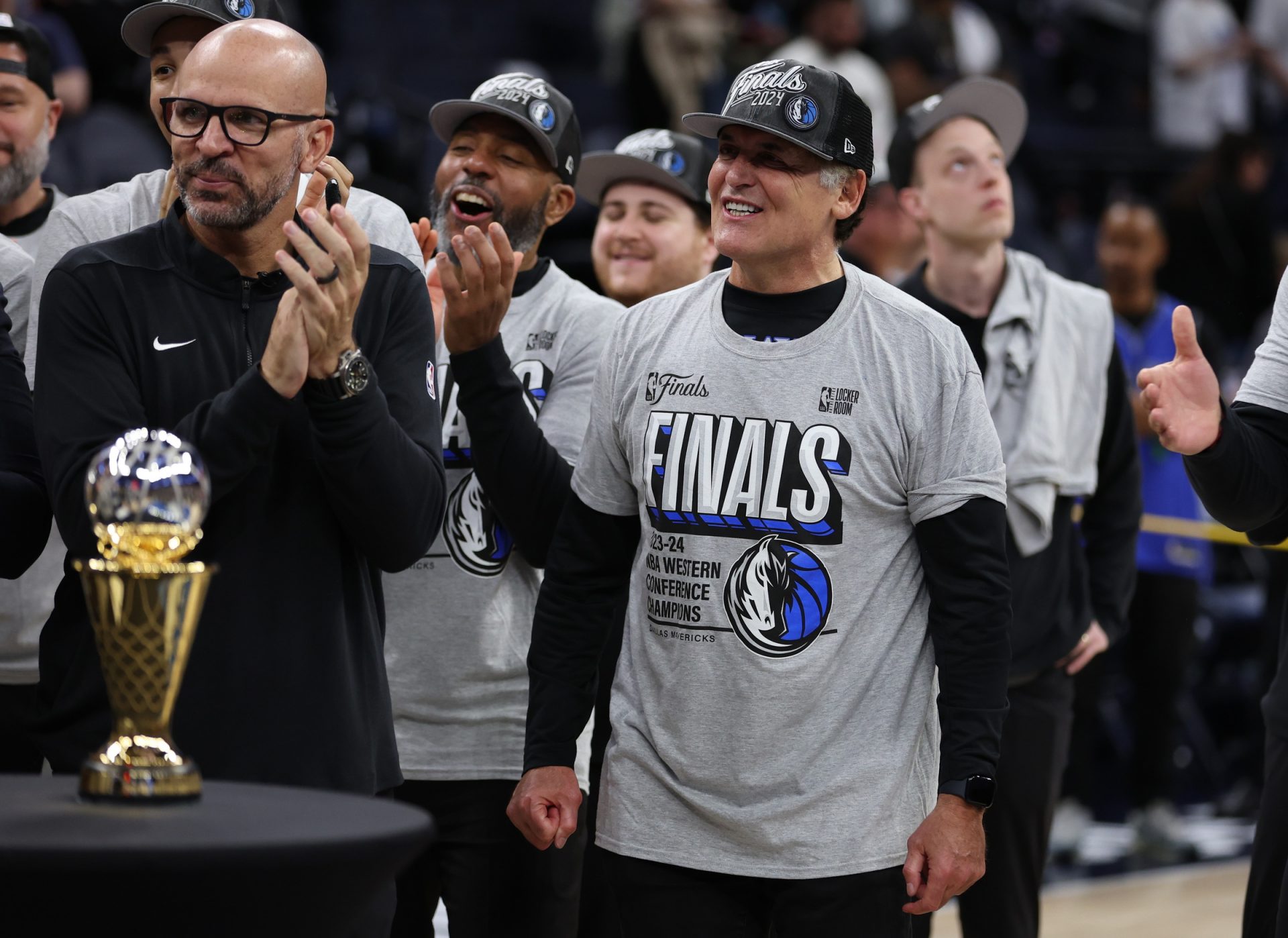 Dallas Mavericks minority owner Mark Cuban (right) celebrates with head coach Jason Kidd after winning the Western Confrerence Championship against the Minnesota Timberwolves in game five of the western conference finals for the 2024 NBA playoffs at Target Center.