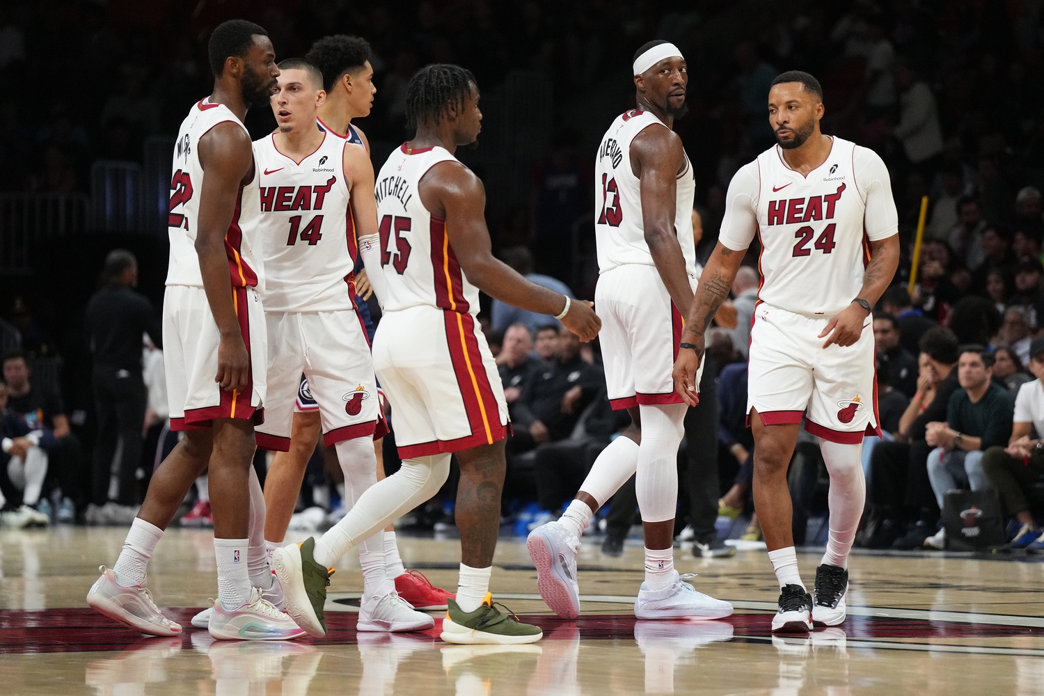 Miami Heat center Bam Adebayo (13) and the starters head to the bench late in the game with a big lead against the Los Angeles Clippers at Kaseya Center. - Source: Imagn