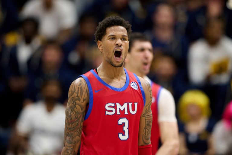 SMU Mustangs forward Corey Washington (3) reacts against the California Golden Bears during the second half at Haas Pavilion. Source: Robert Edwards-Imagn Images