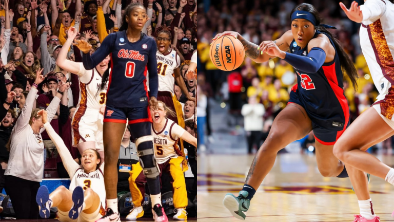 Amaya Battle down on the floor (L) and Cotie McMahon (R) - Images via Instagram/@gopherwbb, Instagram/@olemisswbb
