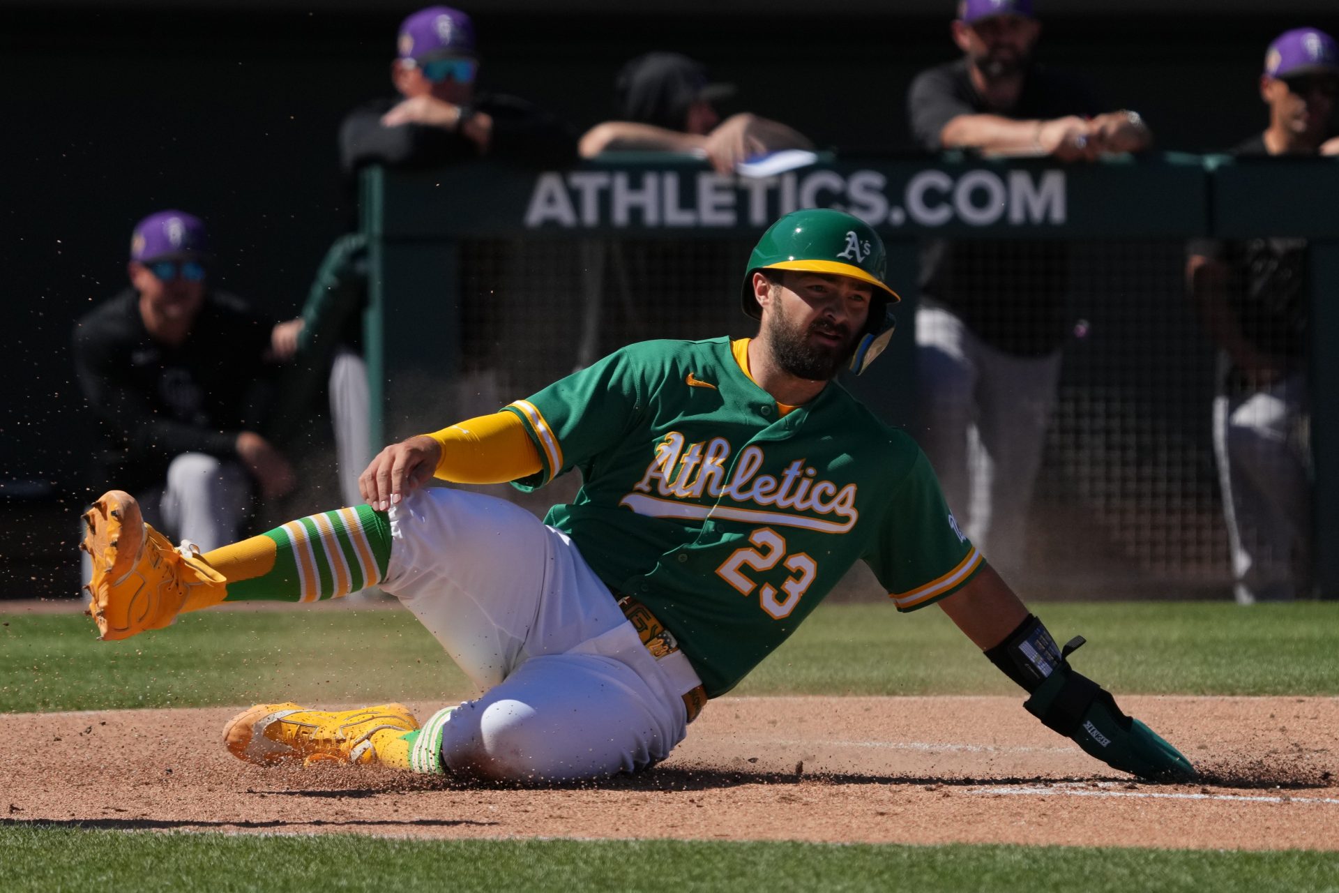 Athletics catcher Shea Langeliers (23) scores a run against the Colorado Rockies. Source: Imagn