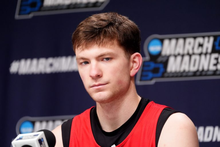 Nebraska's Pryce Sandfort speaks during practice and media day for the first round of the NCAA basketball tournament  - Source: Imagn