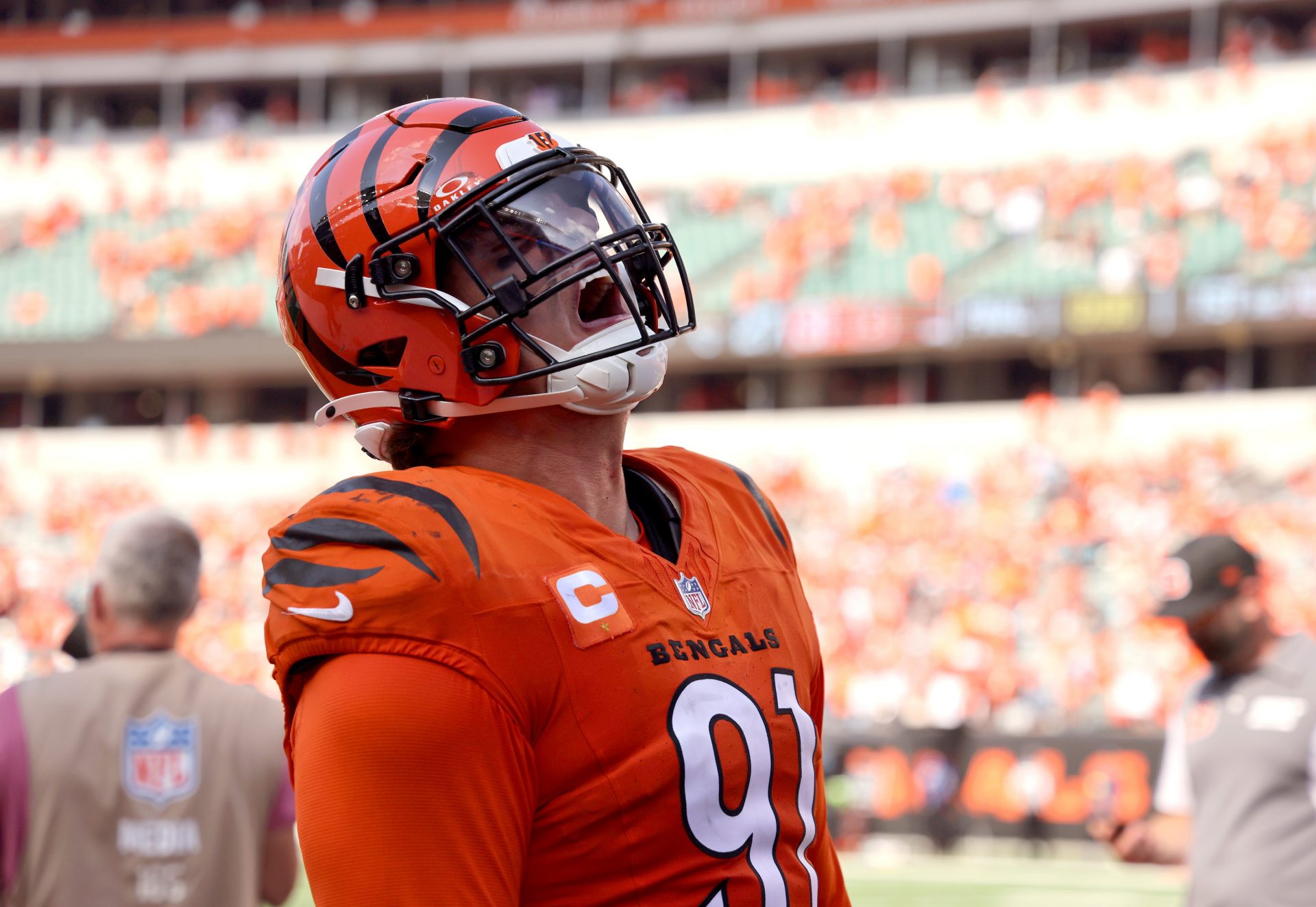 Cincinnati Bengals defensive end Trey Hendrickson (91) celebrates the win after the game against the Jacksonville Jaguars at Paycor Stadium - Source: Imagn