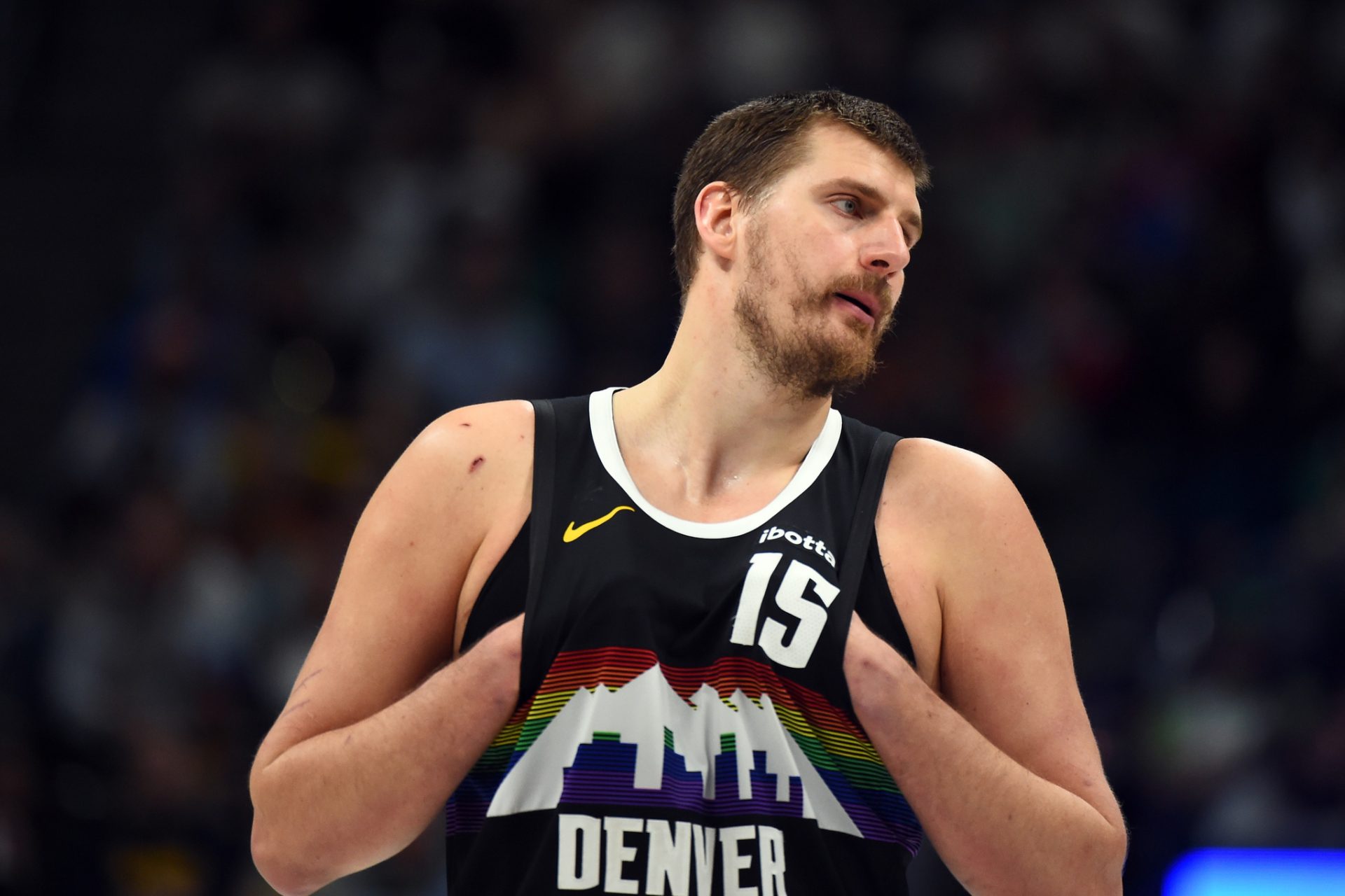 Denver Nuggets center Nikola Jokic (15) during the first half against the Philadelphia 76ers at Ball Arena. - Source: Imagn