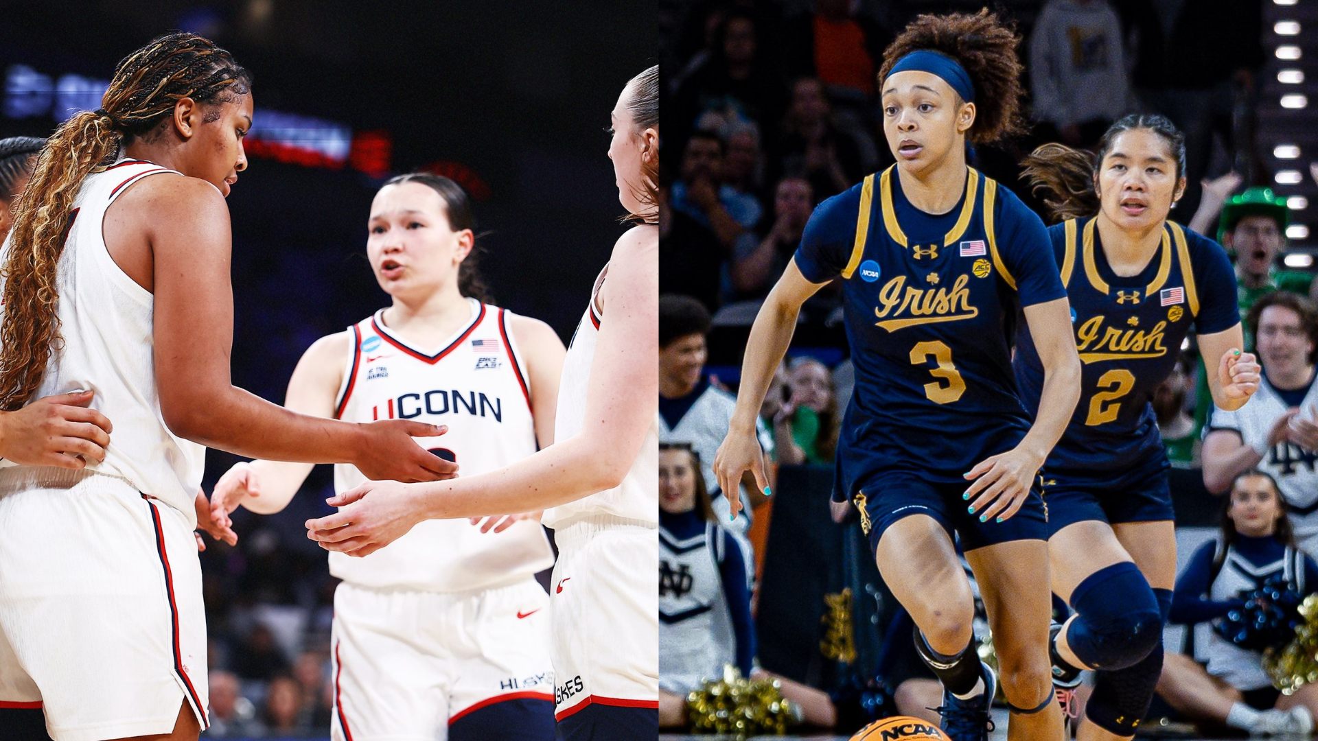 UConn Huskies and Notre Dame Fighting Irish. - Images via @UConnWBB, @ndwbb on X/Twitter