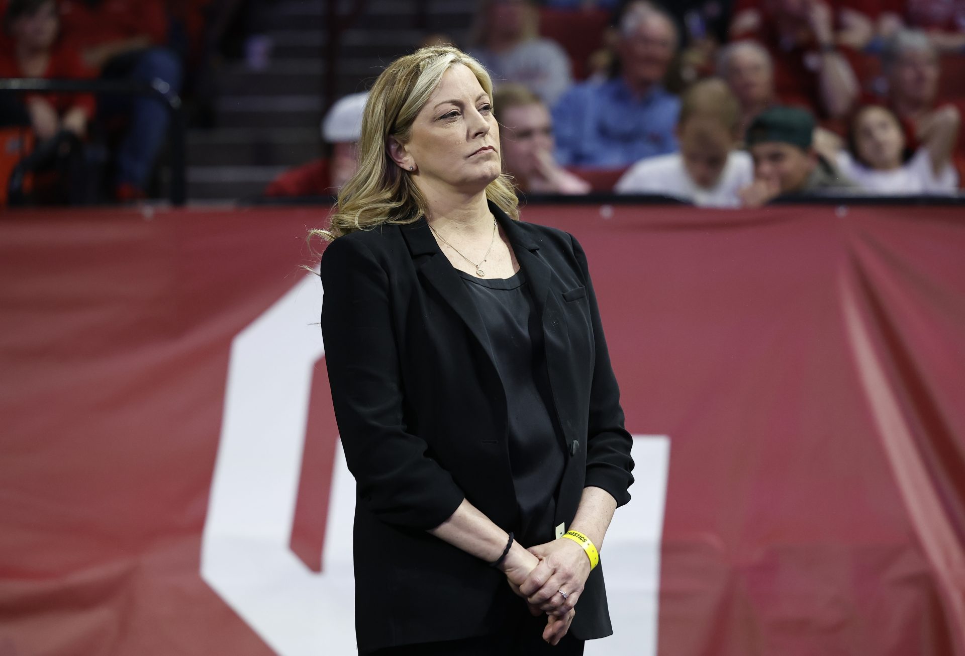 Oklahoma head coach K.J. Kindler during the 2023 NCAA women's gymnastics regional championship. Image via USA TODAY Sports
