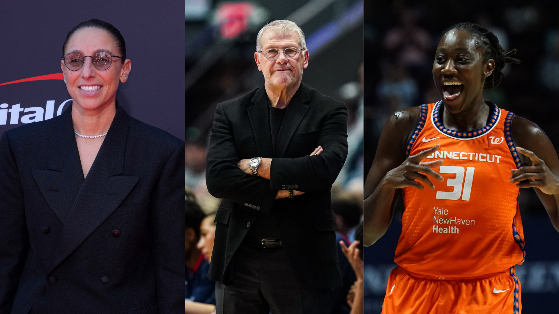 UConn Huskies women's basketball, Diana Taurasi, Tina Charles, and UConn head coach Geno Auriemma. Source: Imagn Images