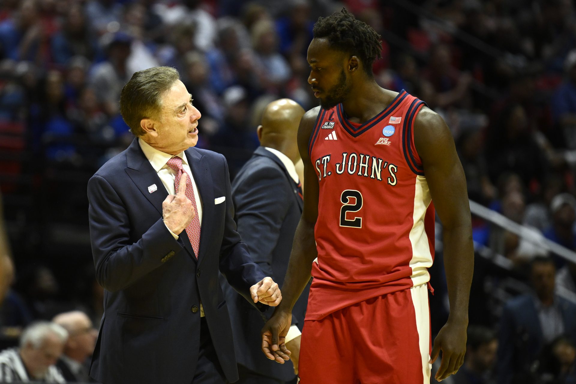 St. John's Red Storm head coach Rick Pitino talks with forward Sadiku Ibine Ayo. Source: IMAGN