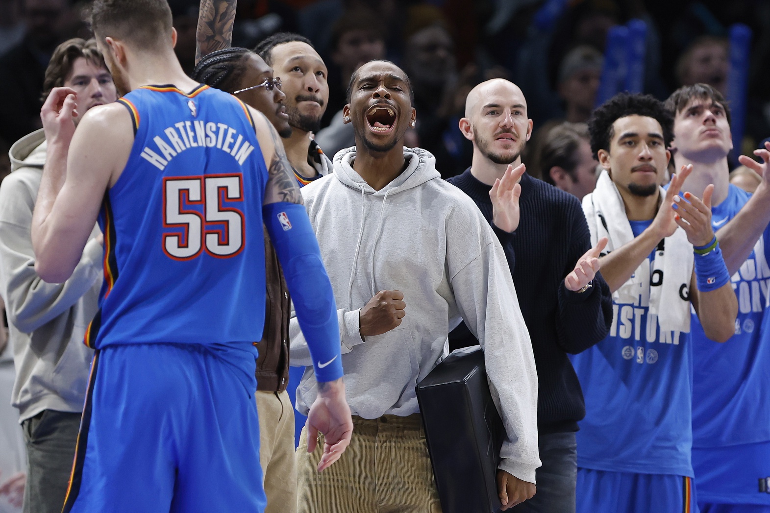 Oklahoma City Thunder guard Shai Gilgeous-Alexander (2) screams as he watches his team play against the Cleveland Cavaliers during the second half at Paycom Center - Source: Imagn Images