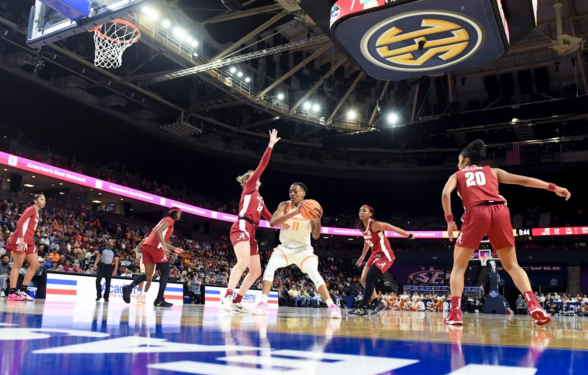 Alabama Crimson Tide guard Karly Weathers (22) defends Tennessee Volunteers forward Zee Spearman (11) during the SEC Women's Basketball Tournament second round game at Bon Secours Wellness Arena in Greenville, South Carolina. Alabama Crimson Tide won 76-64.
Source: Imagn Images