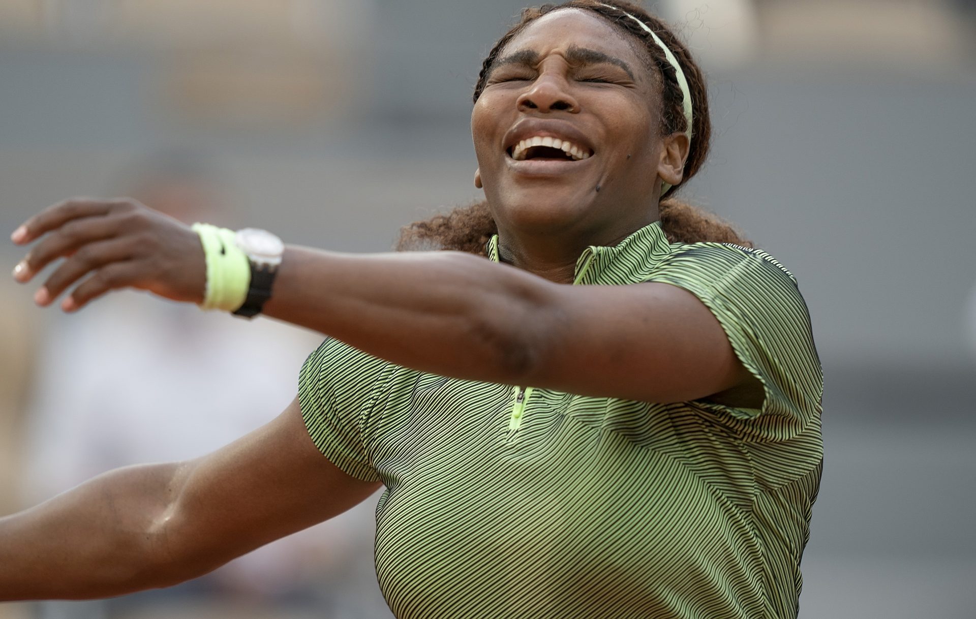 Serena Williams (USA) reacts during her match against Mihaela Buzarnescu (ROU) on day four of the French Open at Stade Roland Garros.