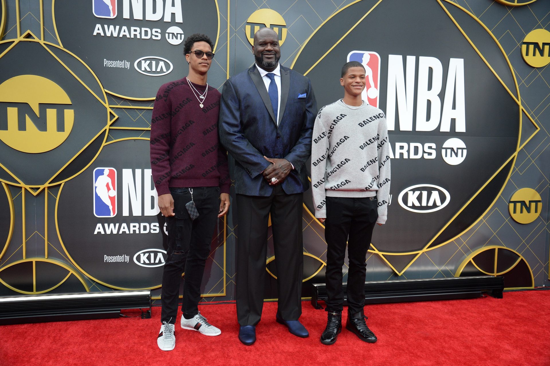 NBA former player Shaquille O'Neal with sons Sharif O'Neal and Shaqir O'Neal arrive on the red carpet for the 2019 NBA Awards show at Barker Hanger - Source: USA TODAY Sports