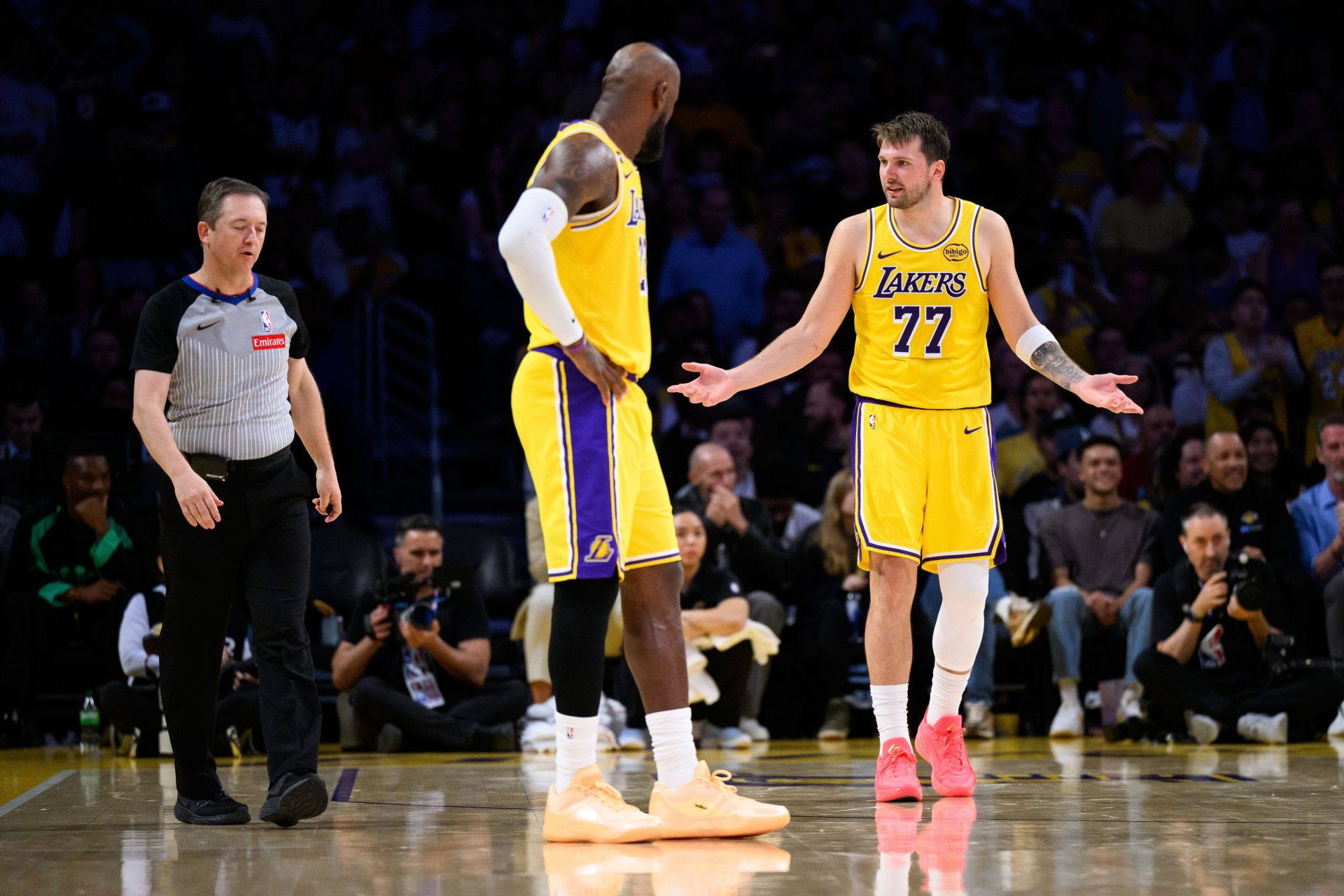 Los Angeles Lakers guard Luka Doncic (77) gestures towards a referee during overtime against the Denver Nuggets at Crypto.com Arena - Source: Imagn Images