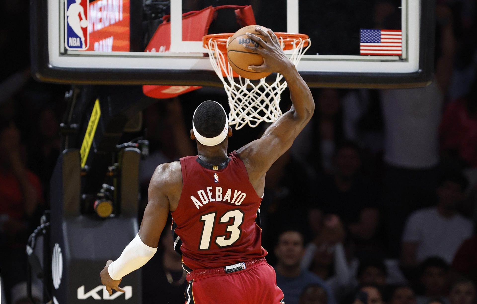 Miami Heat center Bam Adebayo (13) dunks against the Washington Wizards during the second half at Kaseya Center - Source: Imagn Images
