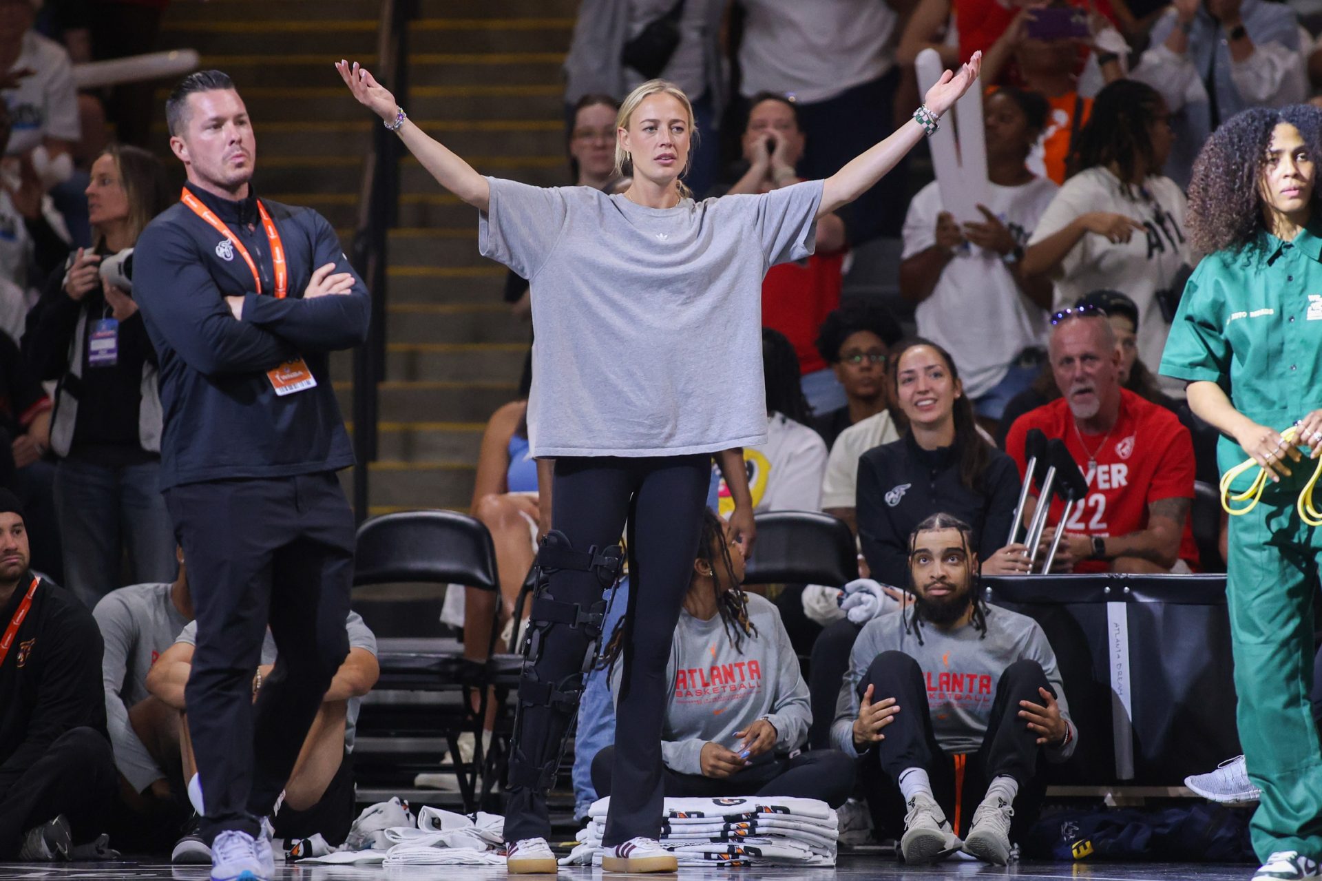 Indiana Fever guard Sophie Cunningham (8) reacts to a call against the Atlanta Dream in the fourth quarter during game one of round one for the 2025 WNBA Playoffs at Gateway Center Arena at College Park - Source: Imagn Images