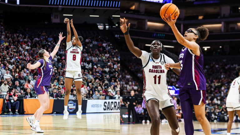 South Carolina Gamecocks vs TCU Horned Frogs. - Images via @GamecockWBB, @tcuwbb on X/Twitter