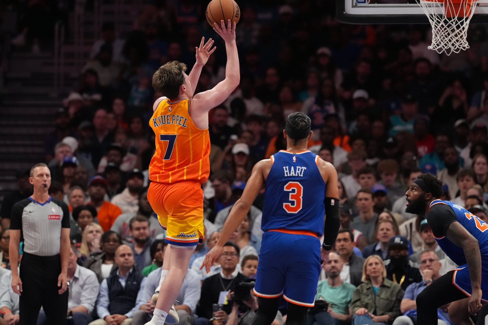 Charlotte Hornets guard/forward Kon Knueppel (7) shoots the ball against the New York Knicks during the second half at the Spectrum Center. - Source: Imagn