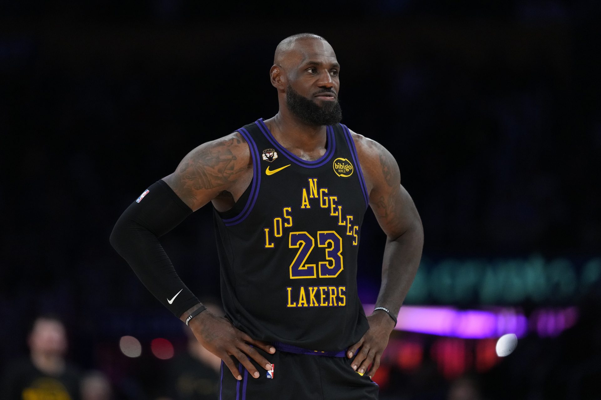 Los Angeles Lakers forward LeBron James (23) reacts against the New Orleans Pelicans in the second half at Crypto.com Arena - Source: Imagn Images
