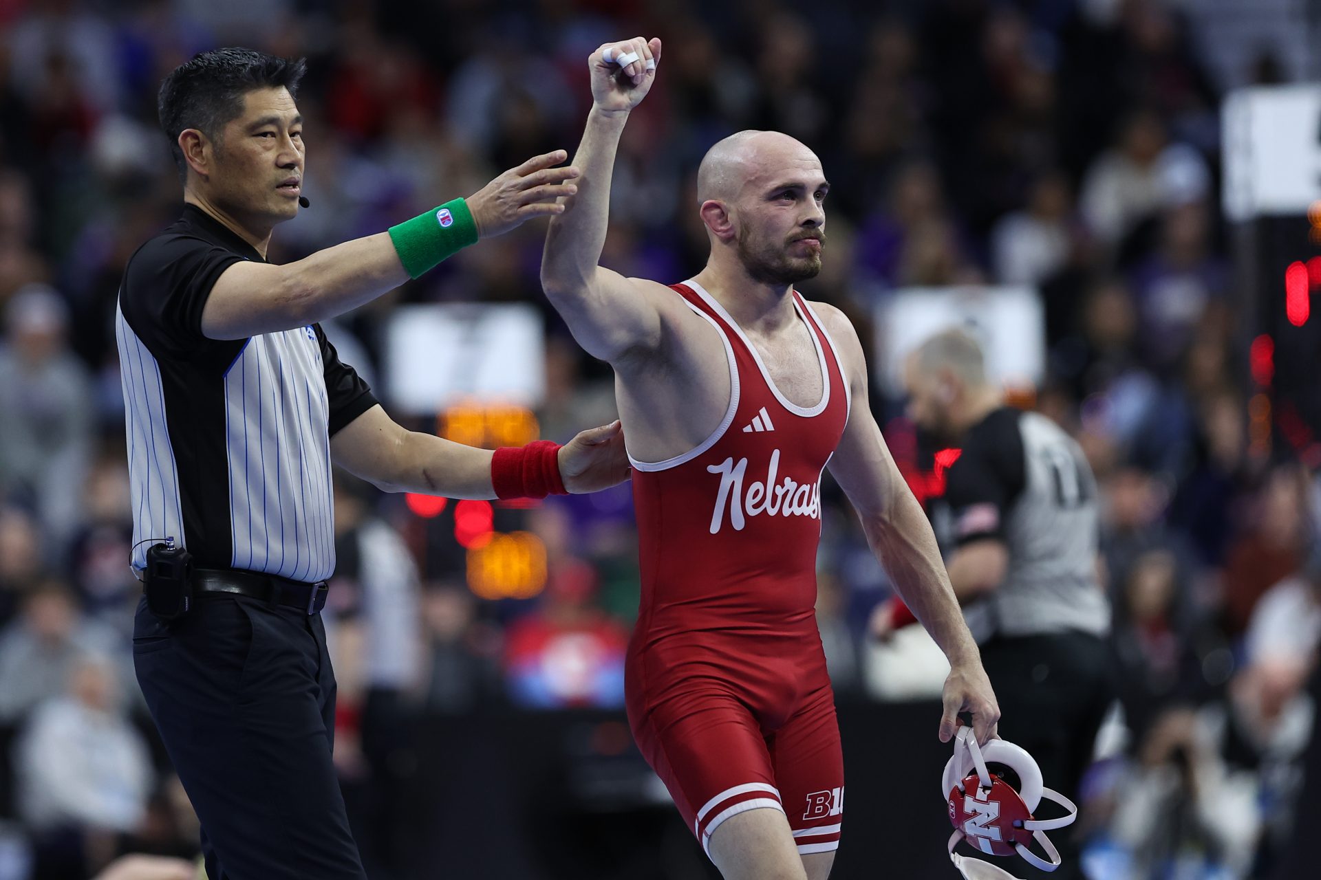 Brock Hardy of Nebraska defeats Jacob Frost of Iowa State (not pictured) during day two of the NCAA Wrestling Championships at Wells Fargo Center.