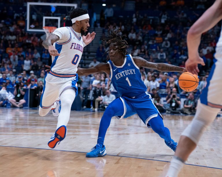 Florida guard Boogie Fland (0) guards Kentucky guard Denzel Aberdeen (1) during their quarterfinal game of the 2026 SEC Men’s Basketball Tournament at Bridgestone Arena 
Source: Imagn
