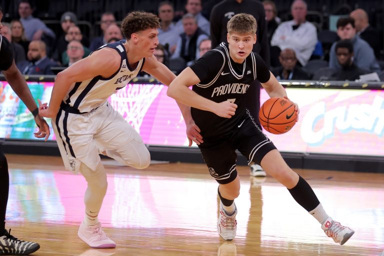 Providence Friars guard Stefan Vaaks (7) drives to the basket against Butler Bulldogs guard Jamie Kaiser Jr. (7) during the first half at Madison Square Garden - Source: Imagn