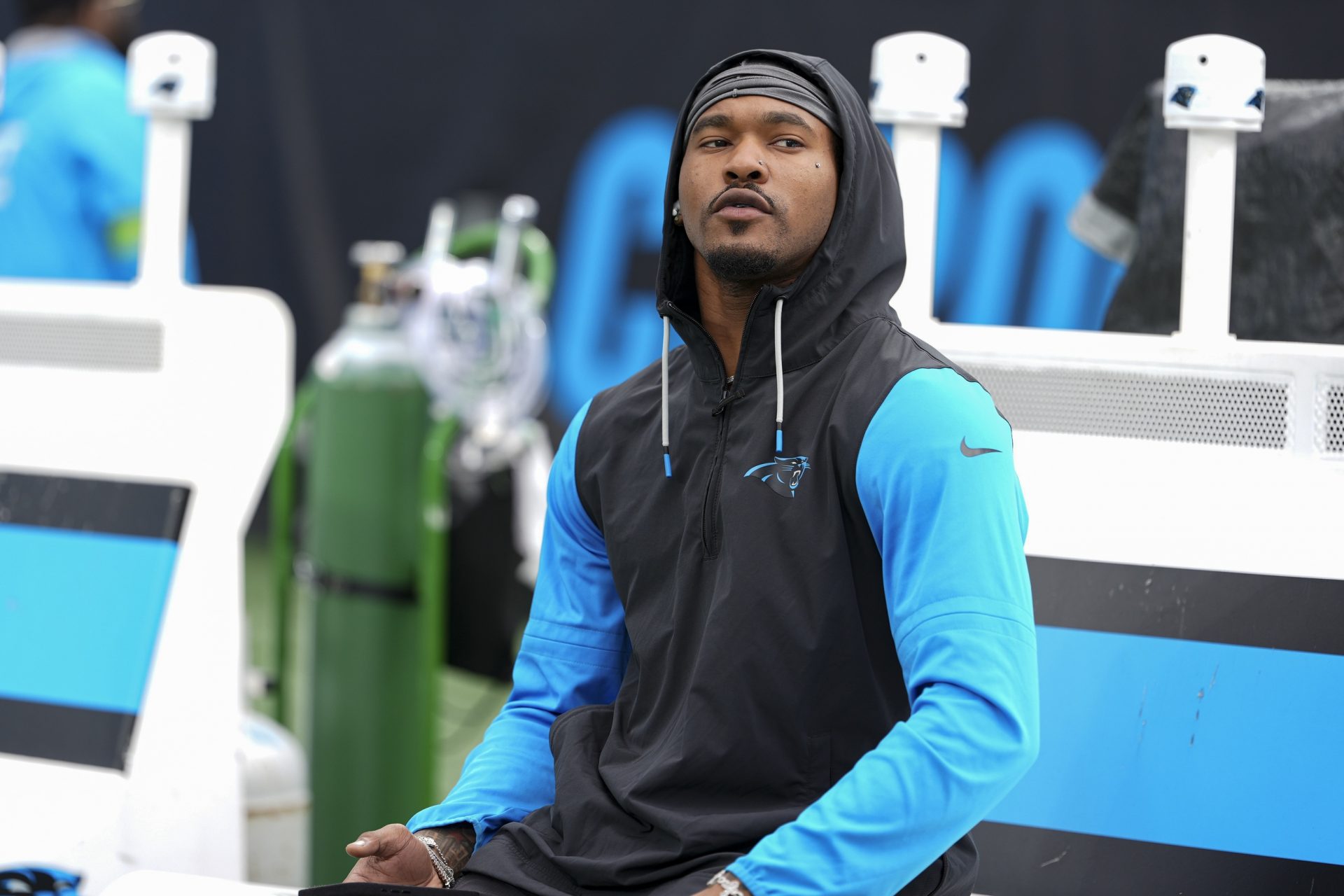 Rico Dowdle (5) during pregame warm ups - Carolina Panthers vs Los Angeles Rams - Source: Imagn