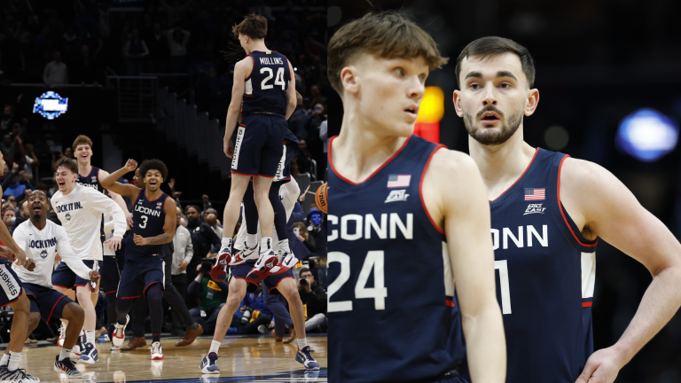 Image 1: Braylon Mullins celebrates with the Huskies - UConn vs. Duke - Source: Imagn.
Image 2: Braylon Mullins and Alex Karaban - UConn vs. Duke - Source: Imagn