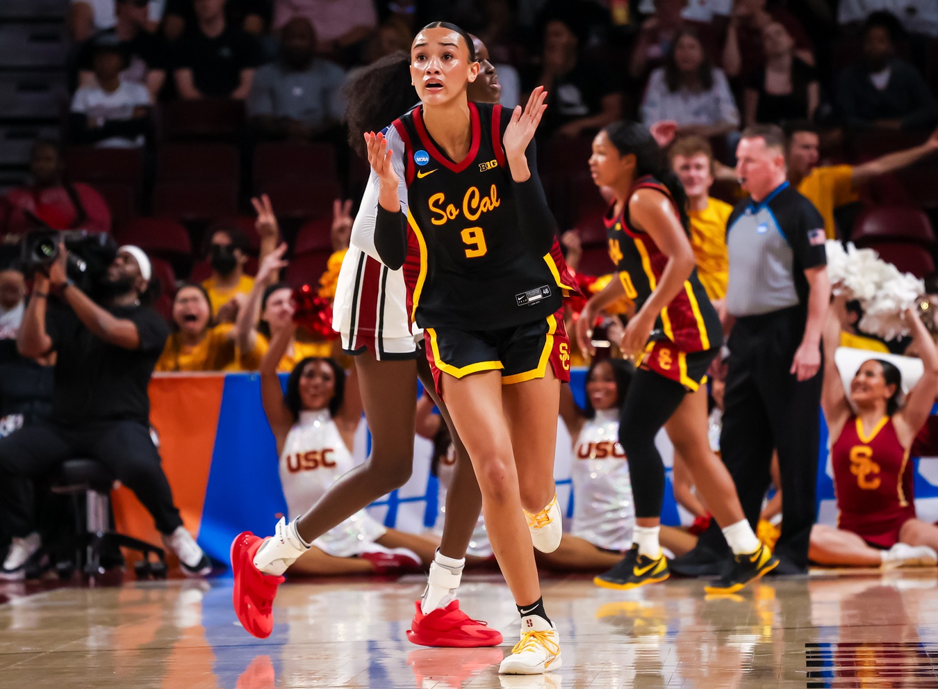 USC Trojans guard Jazzy Davidson (9) celebrates a three point basket against the South Carolina Gamecocks in the second half at Colonial Life Arena. Source: Imagn
