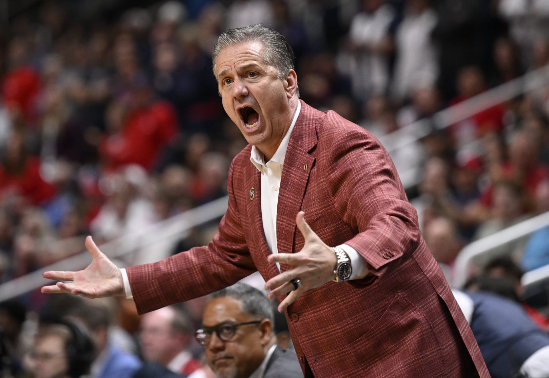 Arkansas Razorbacks head coach John Calipari reacts after a play against the Arizona Wildcats in the second half during a Sweet Sixteen game of the West Regional of the men's 2026 NCAA Tournament at SAP Center. Source: Eakin Howard-Imagn Images