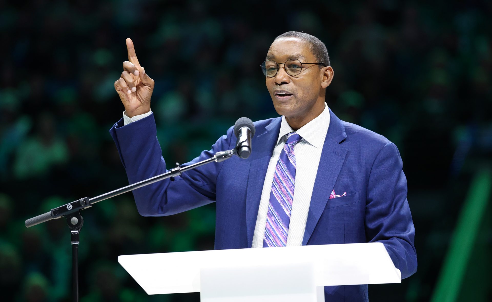 Detroit Pistons former player Isiah Thomas speaks at the retirement ceremony of Dallas Mavericks former player Mark Aguirre at halftime of teh game against the Charlotte Hornets at American Airlines Center - Source: Imagn Images