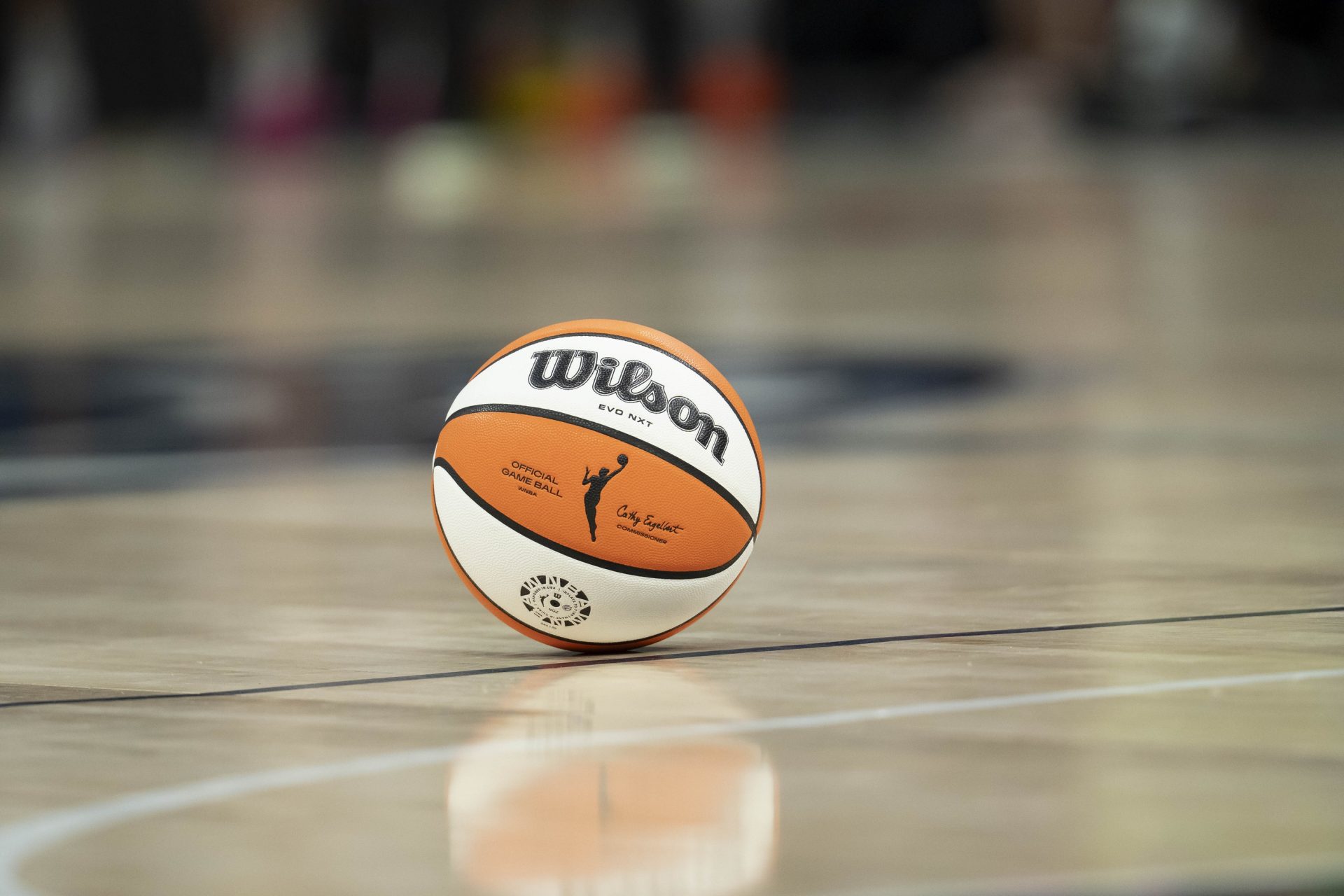 A general view of a game ball on the court in a game between the Phoenix Mercury and Minnesota Lynx during game two of the second round for the 2025 WNBA Playoffs at Target Center - Source: Imagn Images