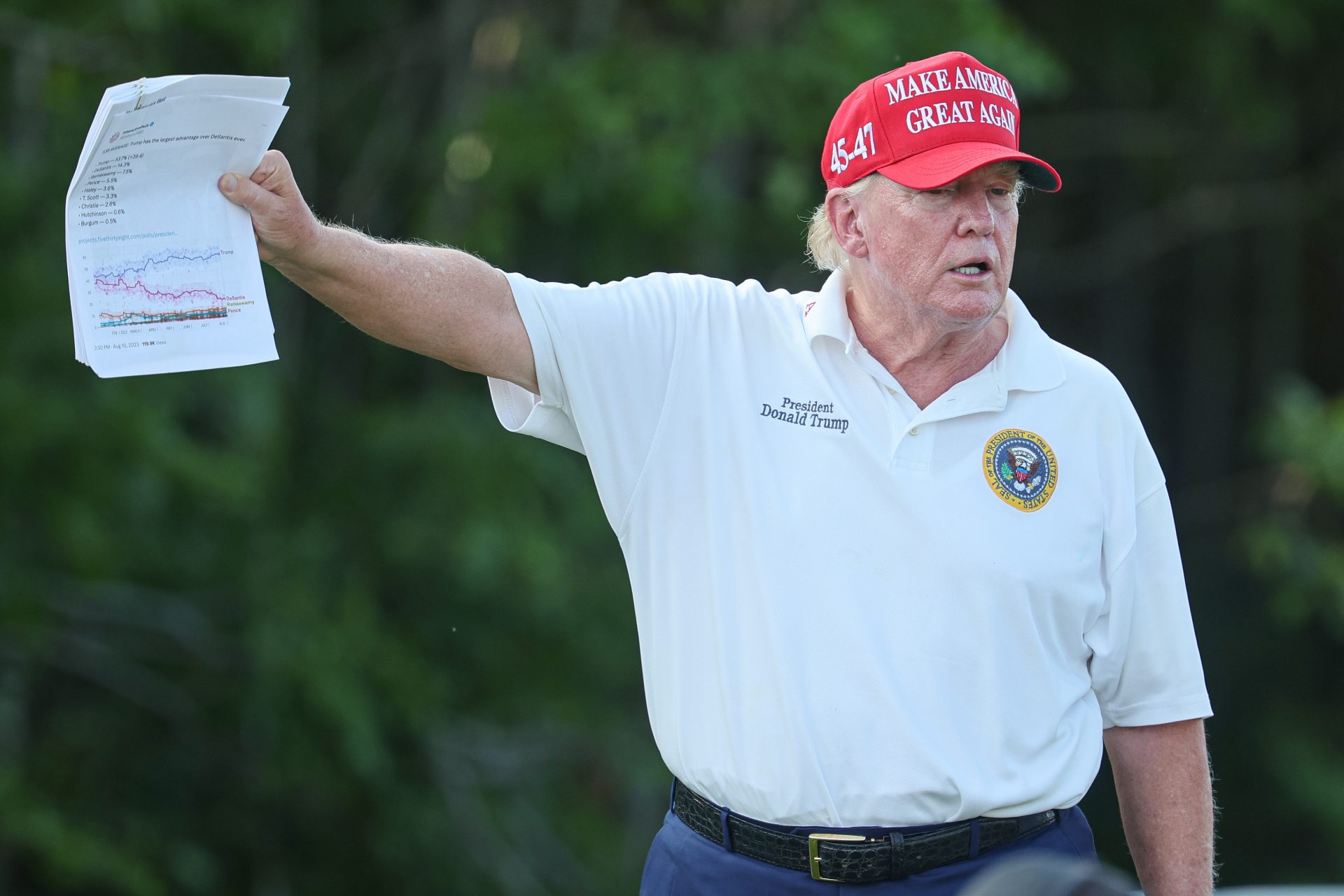 Donald Trump at the 2023 LIV Golf Bedminster. Source: Imagn